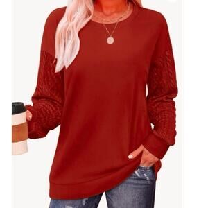 New OFEEFAN Crewneck Sweatshirts Cable Knit Sleeve Lightweight Brick Red Women’s